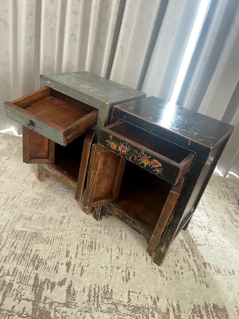Pair of Distressed Vintage Night Stand Tables Solid Wood