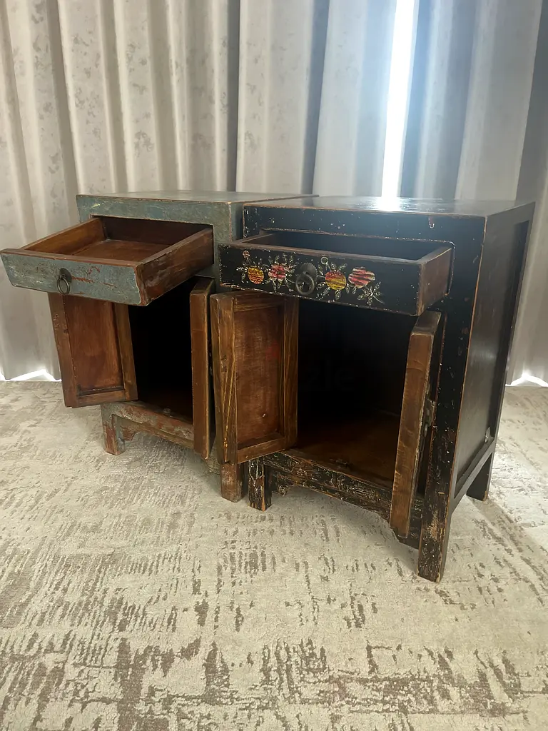 Pair of Distressed Vintage Night Stand Tables Solid Wood