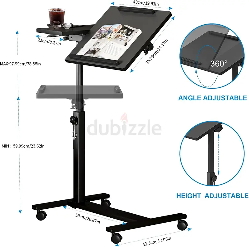 Height Adjustable Rolling Laptop Stand, Overbed Table with 2 Tilting